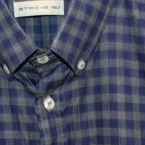 ETRO Men's Button Down Shirt in Blue grey check cotton sz 42 Made in Italy - Picture 4 of 7